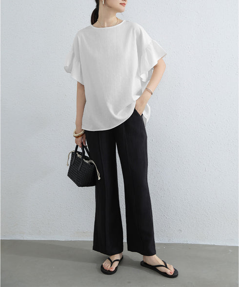 フリル袖 シャツブラウス レディース半袖 フレア袖ブラウス クルーネック 薄手カットソー ゆったり 大人女性夏服 着やせトップス 30代40代 オフィスカジュアル 2RIRI-006