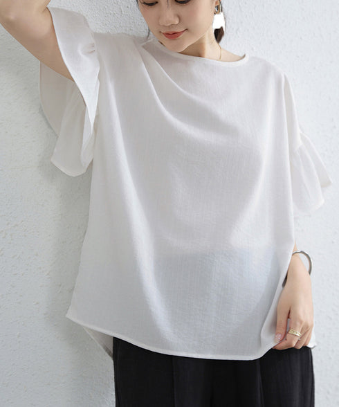 フリル袖 シャツブラウス レディース半袖 フレア袖ブラウス クルーネック 薄手カットソー ゆったり 大人女性夏服 着やせトップス 30代40代 オフィスカジュアル 2RIRI-006