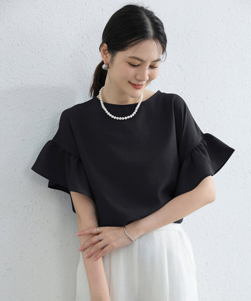 フリル袖 シャツブラウス レディース半袖 フレア袖ブラウス クルーネック 薄手カットソー ゆったり 大人女性夏服 着やせトップス 30代40代 オフィスカジュアル 2RIRI-006