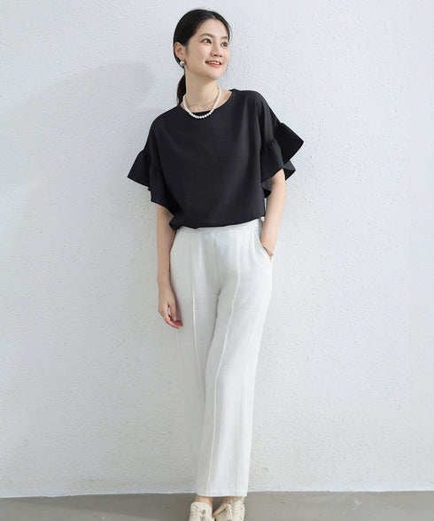 フリル袖 シャツブラウス レディース半袖 フレア袖ブラウス クルーネック 薄手カットソー ゆったり 大人女性夏服 着やせトップス 30代40代 オフィスカジュアル 2RIRI-006