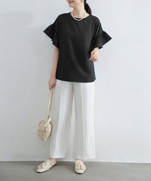 フリル袖 シャツブラウス レディース半袖 フレア袖ブラウス クルーネック 薄手カットソー ゆったり 大人女性夏服 着やせトップス 30代40代 オフィスカジュアル 2RIRI-006