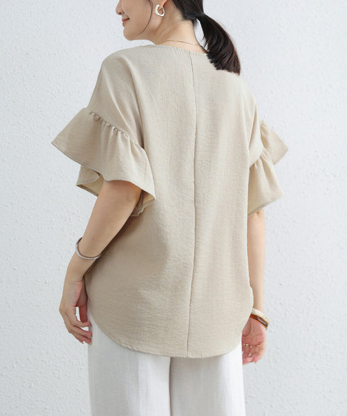 フリル袖 シャツブラウス レディース半袖 フレア袖ブラウス クルーネック 薄手カットソー ゆったり 大人女性夏服 着やせトップス 30代40代 オフィスカジュアル 2RIRI-006