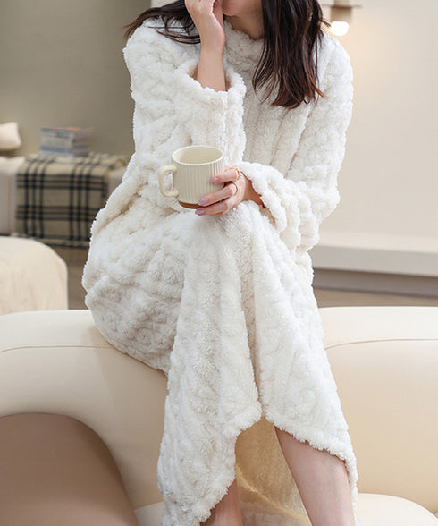 フリースワンピースパジャマ 冬レディース ケーブル柄ルームウェア もこもこ ナイトウェア ふわふわ 軽く暖かい 厚手部屋着 無地あったか寝間着 保温保暖 6色展開 2RIRI-008