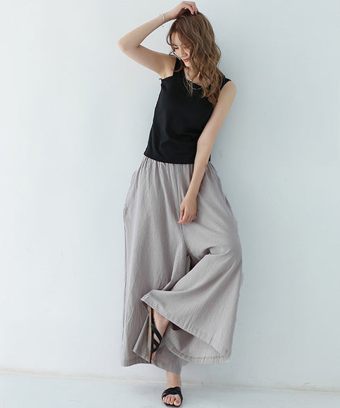 リラックスワイドパンツ キュロットパンツ レディース ハイウエスト フレアパンツ ゆったり 涼しげパンツ ナチュラル カジュアルスカンツ ポケット付きスカーチョ夏 2RIRI-011