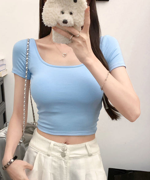 背中開きカップ付き半袖Tシャツクロップド へそ出し 細身Tシャツ デコルテ見せ トレンド背中クロスデザインカットソー ギャル系肌見せ夏服韓国風 美胸ブラトップ快適 2RUYAN-001