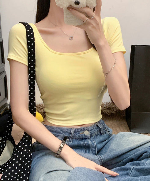 背中開きカップ付き半袖Tシャツクロップド へそ出し 細身Tシャツ デコルテ見せ トレンド背中クロスデザインカットソー ギャル系肌見せ夏服韓国風 美胸ブラトップ快適 2RUYAN-001