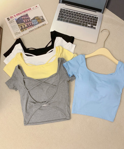 背中開きカップ付き半袖Tシャツクロップド へそ出し 細身Tシャツ デコルテ見せ トレンド背中クロスデザインカットソー ギャル系肌見せ夏服韓国風 美胸ブラトップ快適 2RUYAN-001