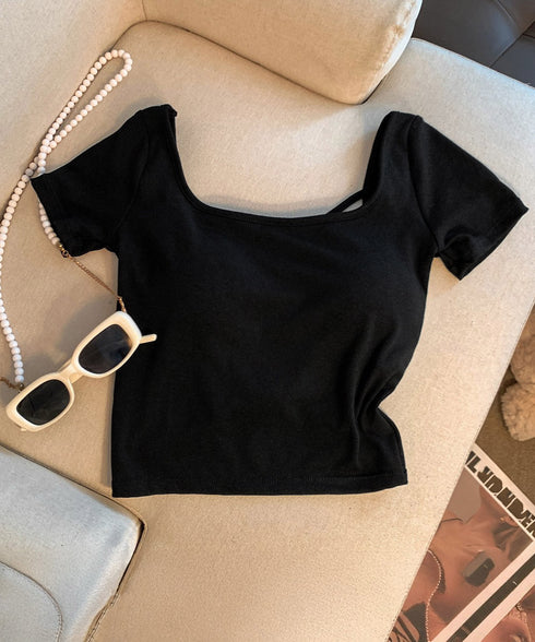 背中開きカップ付き半袖Tシャツクロップド へそ出し 細身Tシャツ デコルテ見せ トレンド背中クロスデザインカットソー ギャル系肌見せ夏服韓国風 美胸ブラトップ快適 2RUYAN-001