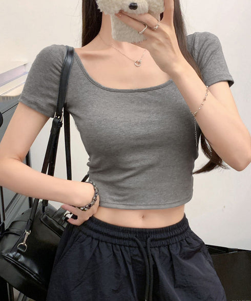 背中開きカップ付き半袖Tシャツクロップド へそ出し 細身Tシャツ デコルテ見せ トレンド背中クロスデザインカットソー ギャル系肌見せ夏服韓国風 美胸ブラトップ快適 2RUYAN-001