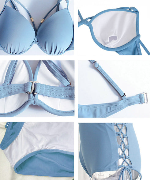 ラインホールドビキニ水着セット セクシー 美胸スイムウェア ワイヤー入り 胸ラインビキニ サイドレースアップショーツ 上下2点セット 着やせ 盛れる水着 大人女子 2SHENGYU-001