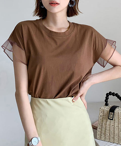 袖シアーTシャツチュール切替えカットソー クルーネックt 大人可愛い夏服 着回し フリル袖トップス ゆったり 半袖カットソー レディース おしゃれプルオーバー無地 2SHENSHI-001