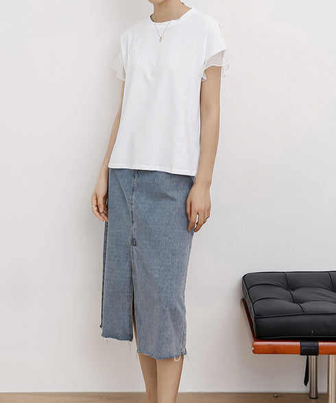 袖シアーTシャツチュール切替えカットソー クルーネックt 大人可愛い夏服 着回し フリル袖トップス ゆったり 半袖カットソー レディース おしゃれプルオーバー無地 2SHENSHI-001