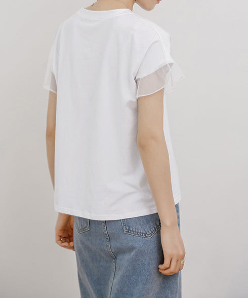 袖シアーTシャツチュール切替えカットソー クルーネックt 大人可愛い夏服 着回し フリル袖トップス ゆったり 半袖カットソー レディース おしゃれプルオーバー無地 2SHENSHI-001