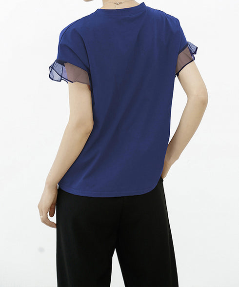 袖シアーTシャツチュール切替えカットソー クルーネックt 大人可愛い夏服 着回し フリル袖トップス ゆったり 半袖カットソー レディース おしゃれプルオーバー無地 2SHENSHI-001