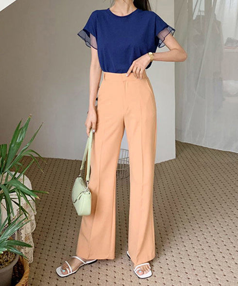 袖シアーTシャツチュール切替えカットソー クルーネックt 大人可愛い夏服 着回し フリル袖トップス ゆったり 半袖カットソー レディース おしゃれプルオーバー無地 2SHENSHI-001