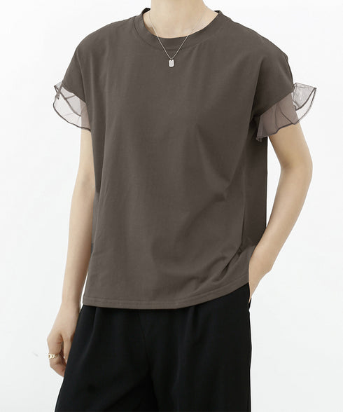 袖シアーTシャツチュール切替えカットソー クルーネックt 大人可愛い夏服 着回し フリル袖トップス ゆったり 半袖カットソー レディース おしゃれプルオーバー無地 2SHENSHI-001