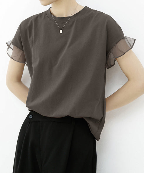 袖シアーTシャツチュール切替えカットソー クルーネックt 大人可愛い夏服 着回し フリル袖トップス ゆったり 半袖カットソー レディース おしゃれプルオーバー無地 2SHENSHI-001