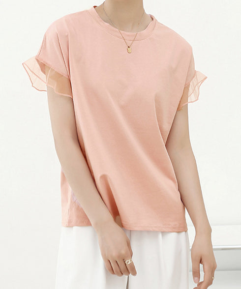 袖シアーTシャツチュール切替えカットソー クルーネックt 大人可愛い夏服 着回し フリル袖トップス ゆったり 半袖カットソー レディース おしゃれプルオーバー無地 2SHENSHI-001