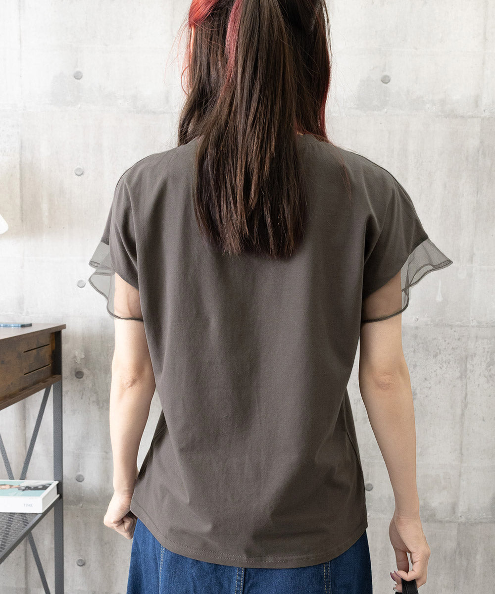 袖シアーTシャツチュール切替えカットソー 詳細画像26