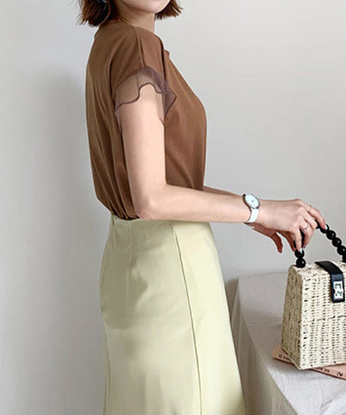 袖シアーTシャツチュール切替えカットソー クルーネックt 大人可愛い夏服 着回し フリル袖トップス ゆったり 半袖カットソー レディース おしゃれプルオーバー無地 2SHENSHI-001