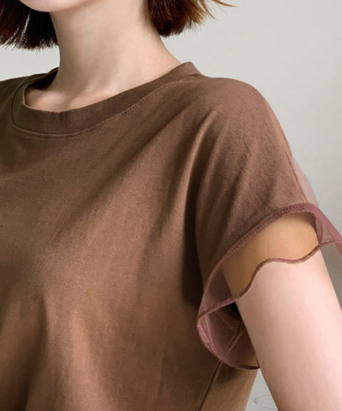 袖シアーTシャツチュール切替えカットソー クルーネックt 大人可愛い夏服 着回し フリル袖トップス ゆったり 半袖カットソー レディース おしゃれプルオーバー無地 2SHENSHI-001