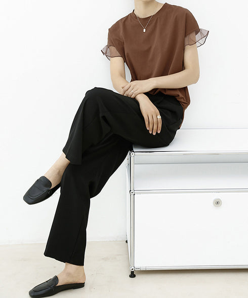 袖シアーTシャツチュール切替えカットソー クルーネックt 大人可愛い夏服 着回し フリル袖トップス ゆったり 半袖カットソー レディース おしゃれプルオーバー無地 2SHENSHI-001