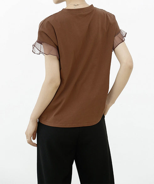 袖シアーTシャツチュール切替えカットソー クルーネックt 大人可愛い夏服 着回し フリル袖トップス ゆったり 半袖カットソー レディース おしゃれプルオーバー無地 2SHENSHI-001