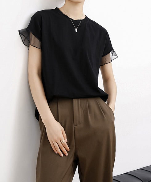 袖シアーTシャツチュール切替えカットソー クルーネックt 大人可愛い夏服 着回し フリル袖トップス ゆったり 半袖カットソー レディース おしゃれプルオーバー無地 2SHENSHI-001