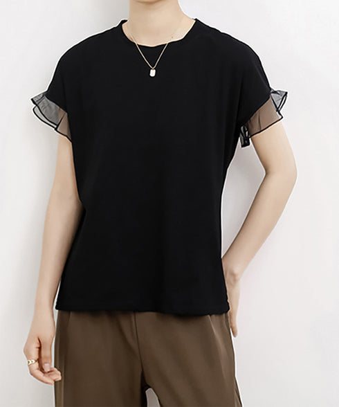 袖シアーTシャツチュール切替えカットソー クルーネックt 大人可愛い夏服 着回し フリル袖トップス ゆったり 半袖カットソー レディース おしゃれプルオーバー無地 2SHENSHI-001