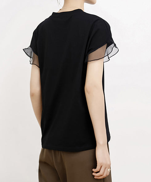 袖シアーTシャツチュール切替えカットソー クルーネックt 大人可愛い夏服 着回し フリル袖トップス ゆったり 半袖カットソー レディース おしゃれプルオーバー無地 2SHENSHI-001