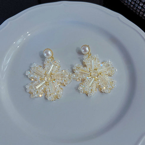 フラワーピアス 大きめ花モチーフ ピアス レディース 揺れるピアス 小顔 クリスタルピアス パーティーアクセサリー 結婚式 ジュエリー きらきら耳飾り 豪華 韓国 2TEKANG-002