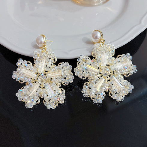 フラワーピアス 大きめ花モチーフ ピアス レディース 揺れるピアス 小顔 クリスタルピアス パーティーアクセサリー 結婚式 ジュエリー きらきら耳飾り 豪華 韓国 2TEKANG-002