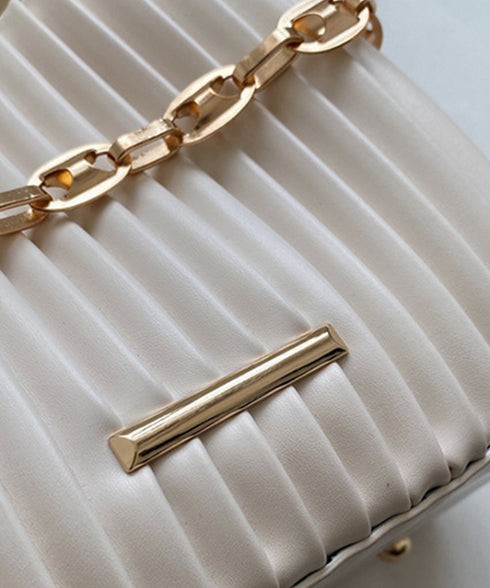 プリーツショルダーバッグ チェーン装飾 ミニバケットバッグ レディース オフィスカジュアル ハンドバッグ 小さめ スクエアPUレザー鞄 コンパクト2wayバッグ 2TIAN-020