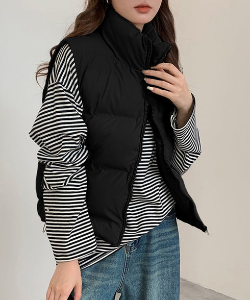 ダウンベスト ジップアップパデッドベスト スタンドカラー暖かい 中綿ベスト ポケット付き ショート丈エコダウンベスト フェイクダウンジャケットノースリーブ 韓国風 2TNIAO-003