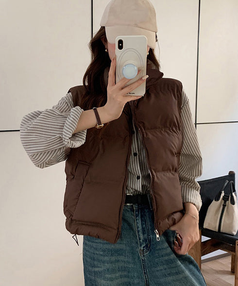 ダウンベスト ジップアップパデッドベスト スタンドカラー暖かい 中綿ベスト ポケット付き ショート丈エコダウンベスト フェイクダウンジャケットノースリーブ 韓国風 2TNIAO-003