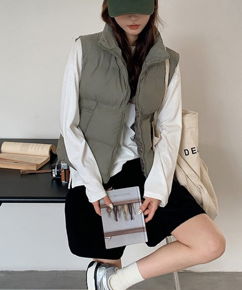 ダウンベスト ジップアップパデッドベスト スタンドカラー暖かい 中綿ベスト ポケット付き ショート丈エコダウンベスト フェイクダウンジャケットノースリーブ 韓国風 2TNIAO-003