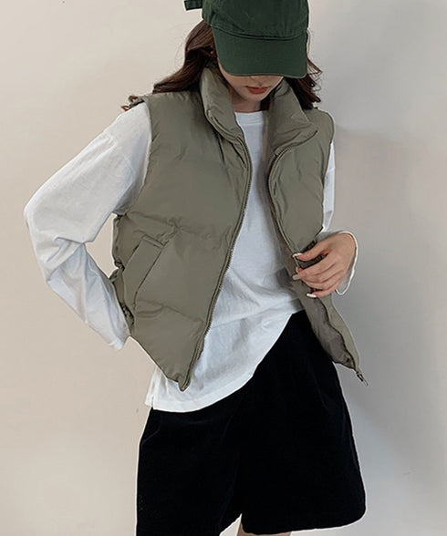 ダウンベスト ジップアップパデッドベスト スタンドカラー暖かい 中綿ベスト ポケット付き ショート丈エコダウンベスト フェイクダウンジャケットノースリーブ 韓国風 2TNIAO-003