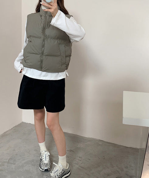 ダウンベスト ジップアップパデッドベスト スタンドカラー暖かい 中綿ベスト ポケット付き ショート丈エコダウンベスト フェイクダウンジャケットノースリーブ 韓国風 2TNIAO-003