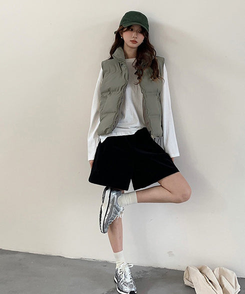 ダウンベスト ジップアップパデッドベスト スタンドカラー暖かい 中綿ベスト ポケット付き ショート丈エコダウンベスト フェイクダウンジャケットノースリーブ 韓国風 2TNIAO-003