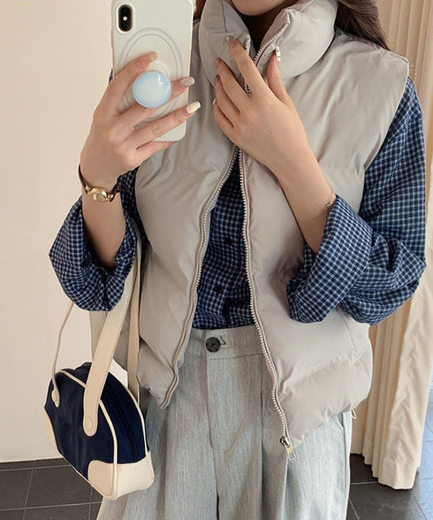 ダウンベスト ジップアップパデッドベスト スタンドカラー暖かい 中綿ベスト ポケット付き ショート丈エコダウンベスト フェイクダウンジャケットノースリーブ 韓国風 2TNIAO-003