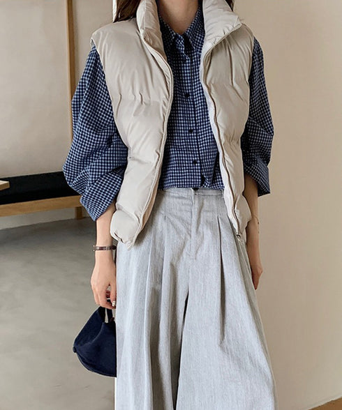 ダウンベスト ジップアップパデッドベスト スタンドカラー暖かい 中綿ベスト ポケット付き ショート丈エコダウンベスト フェイクダウンジャケットノースリーブ 韓国風 2TNIAO-003