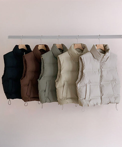 ダウンベスト ジップアップパデッドベスト スタンドカラー暖かい 中綿ベスト ポケット付き ショート丈エコダウンベスト フェイクダウンジャケットノースリーブ 韓国風 2TNIAO-003