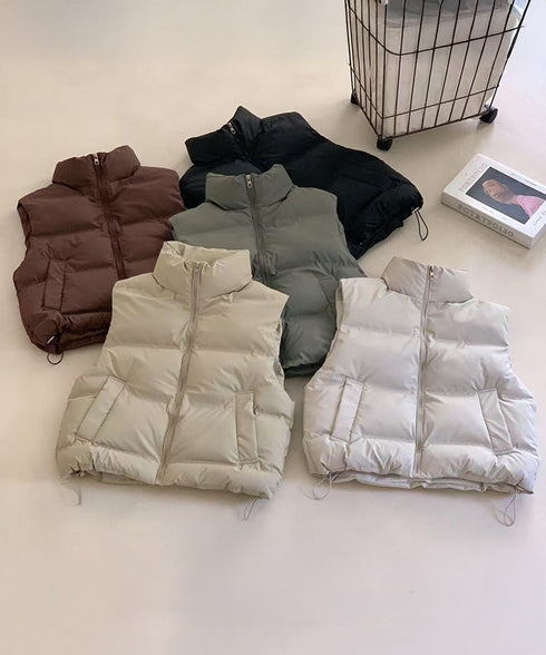 ダウンベスト ジップアップパデッドベスト スタンドカラー暖かい 中綿ベスト ポケット付き ショート丈エコダウンベスト フェイクダウンジャケットノースリーブ 韓国風 2TNIAO-003