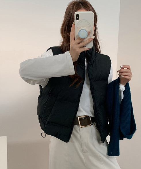 ダウンベスト ジップアップパデッドベスト スタンドカラー暖かい 中綿ベスト ポケット付き ショート丈エコダウンベスト フェイクダウンジャケットノースリーブ 韓国風 2TNIAO-003