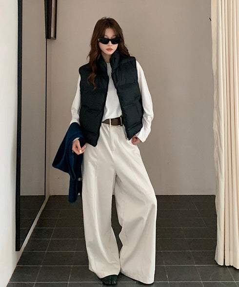 ダウンベスト ジップアップパデッドベスト スタンドカラー暖かい 中綿ベスト ポケット付き ショート丈エコダウンベスト フェイクダウンジャケットノースリーブ 韓国風 2TNIAO-003