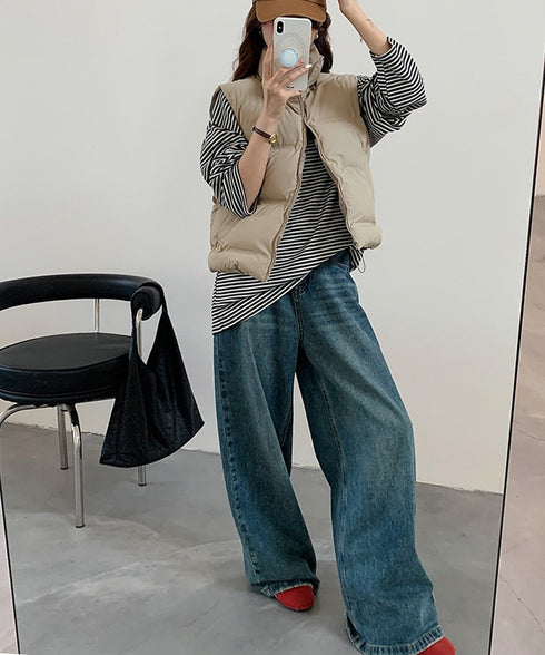 ダウンベスト ジップアップパデッドベスト スタンドカラー暖かい 中綿ベスト ポケット付き ショート丈エコダウンベスト フェイクダウンジャケットノースリーブ 韓国風 2TNIAO-003