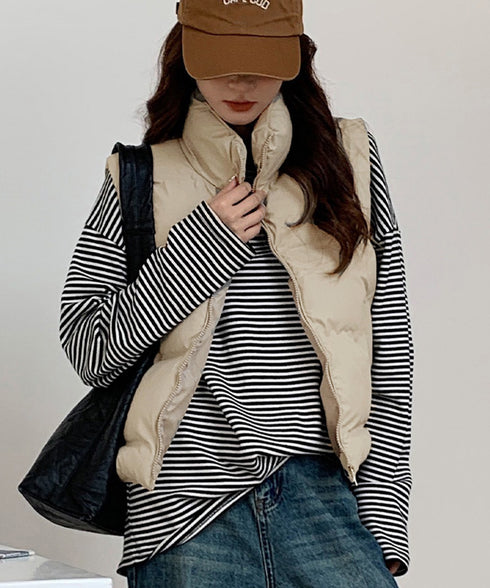 ダウンベスト ジップアップパデッドベスト スタンドカラー暖かい 中綿ベスト ポケット付き ショート丈エコダウンベスト フェイクダウンジャケットノースリーブ 韓国風 2TNIAO-003