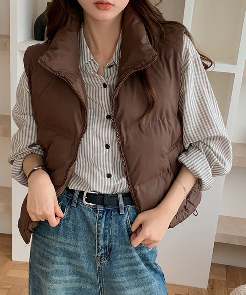 ダウンベスト ジップアップパデッドベスト スタンドカラー暖かい 中綿ベスト ポケット付き ショート丈エコダウンベスト フェイクダウンジャケットノースリーブ 韓国風 2TNIAO-003