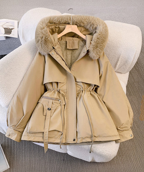 ファーフード付きモッズコートレディース冬 ウエストマーク中綿入りショートコート ボリュームファー襟 韓国風モッズジャケット大人カジュアルアウター冬用 寒さ対策保温 2TNIAO-004