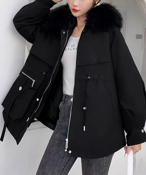 ファーフード付きモッズコートレディース冬 ウエストマーク中綿入りショートコート ボリュームファー襟 韓国風モッズジャケット大人カジュアルアウター冬用 寒さ対策保温 2TNIAO-004
